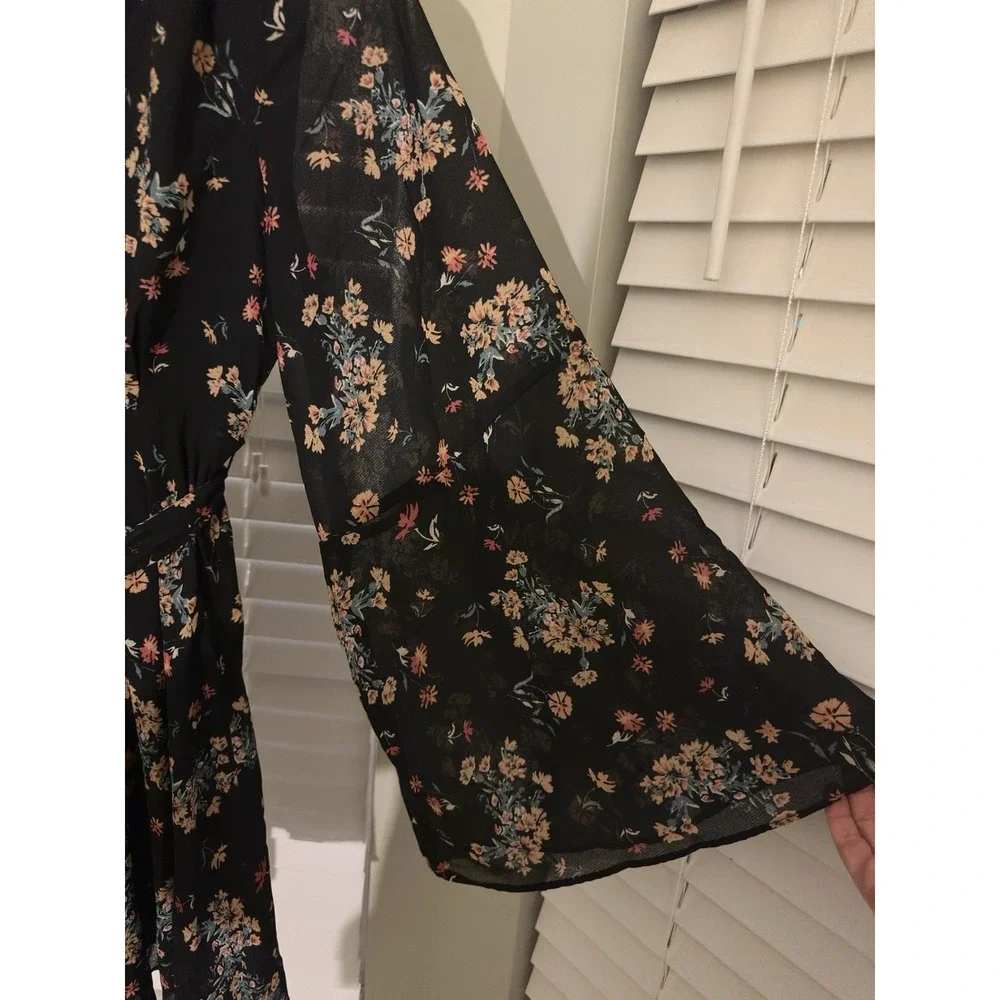 Free People Black Floral Mini Dress Size Small Sheer Boho Bell Sleeve, Waist Tie